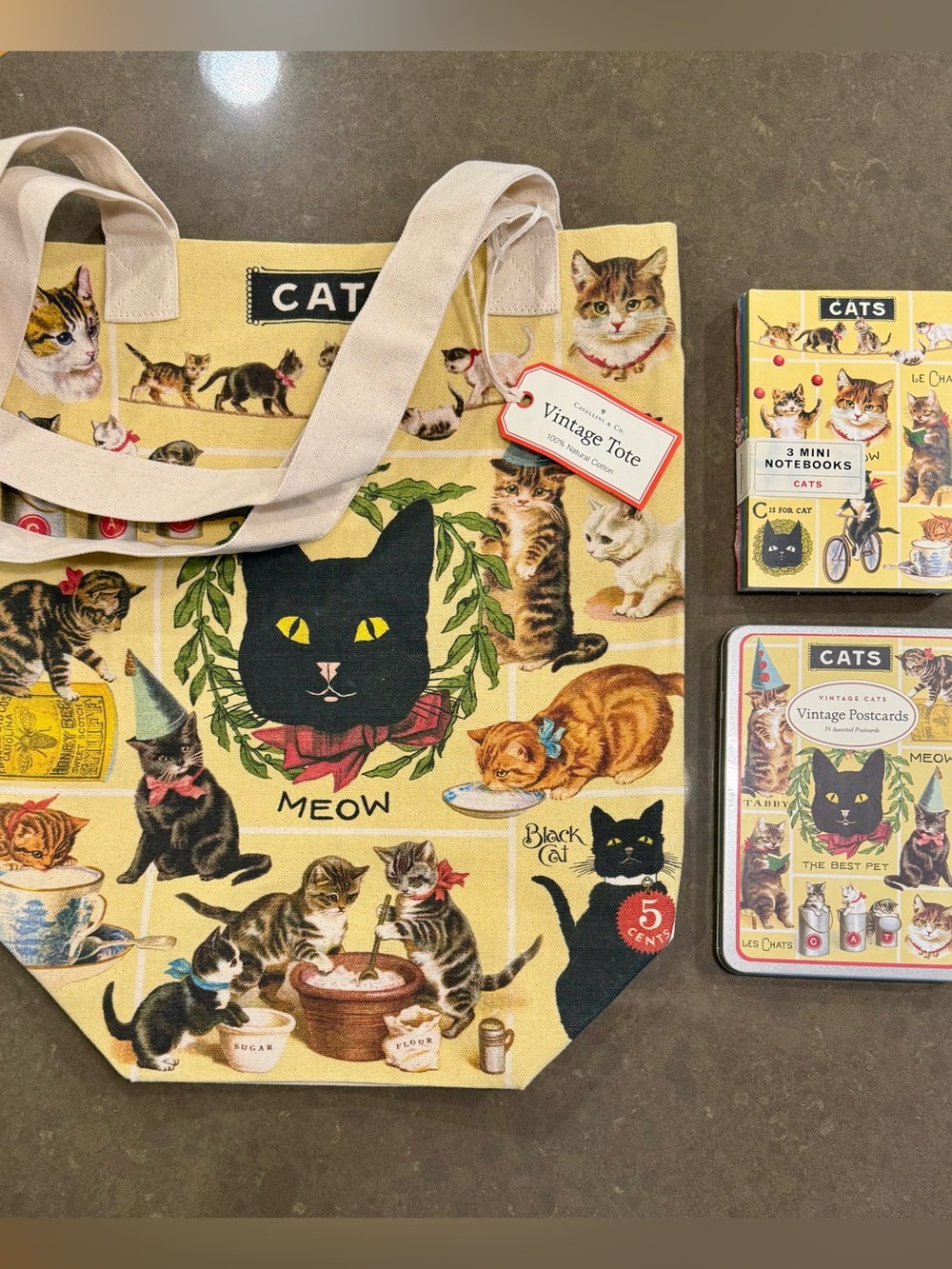 Cavallini Vintage Cats Canvas Tote Bag Gift Set